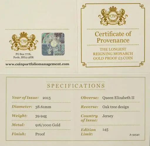 2015 Gold Proof Longest Reigning Monarch Pound Sterling £5 Coin cert of provenance