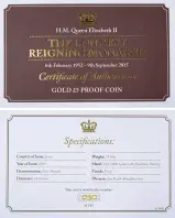 2015 Gold Proof Longest Reigning Monarch Pound Sterling £5 Coin cert and specs