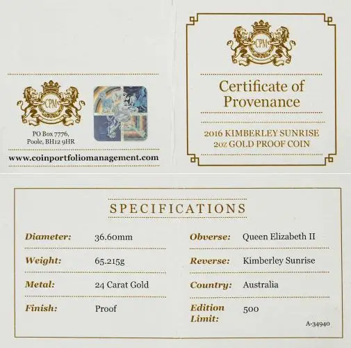 2016 2 oz Gold Proof High Relief Kimberley Sunrise Coin certificate of provenance