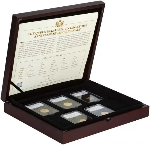 Gold Bullion Proof Full Sovereign Elizabeth II Coronation Anniversary  Coin Slabbed United Kingdom Fourth Portrait 5 Coins side view