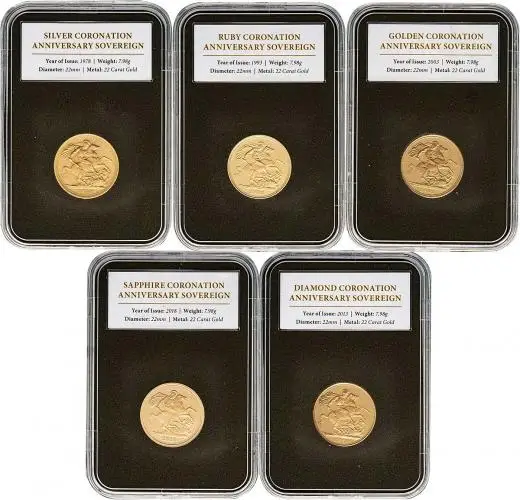 Gold Bullion Ungraded Full Sovereign Elizabeth II Coronation Anniversary  Coin Slabbed United Kingdom Fourth Portrait 5 Coins slabbed 1978 1993 2003 2013 2018