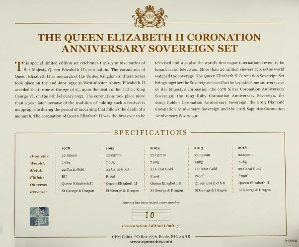 Gold Bullion Ungraded Full Sovereign Elizabeth II Coronation Anniversary  Coin Slabbed United Kingdom Fourth Portrait 5 Coins specifications