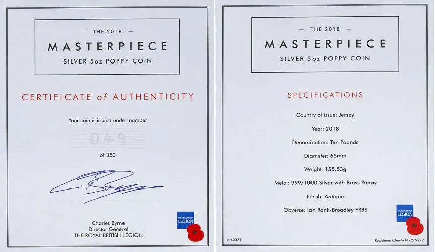 2018 Masterpiece Poppy coin Silver Antique £10  Coin Presentation Case Jersey cert