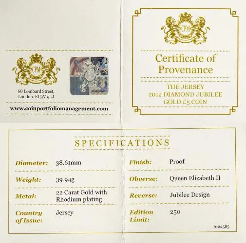 2012 Gold Proof Diamond Jubilee £5 Coin Jersey cert provenance