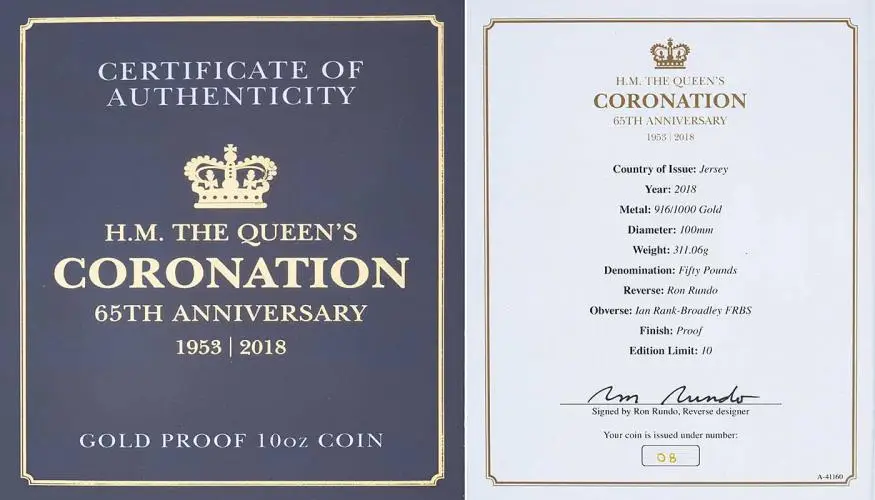 2018 Gold Proof 10 Ounce Elizabeth II 65th Anniversary of the Coronation Pound Sterling £50  Coin Presentation Case with Cert Jersey cert authenticity