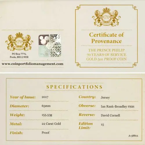 2017 Gold Proof 5 Ounce Elizabeth II Duke of Edinburgh 70 years of service Pound Sterling £10  Coin Presentation Case with Cert Jersey cert