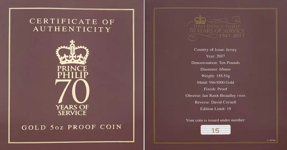 2017 Gold Proof 5 Ounce Elizabeth II Duke of Edinburgh 70 years of service Pound Sterling £10  Coin Presentation Case with Cert Jersey specs