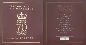 2017 Gold Proof 5 Ounce Elizabeth II Duke of Edinburgh 70 years of service Pound Sterling £10  Coin Presentation Case with Cert Jersey specs