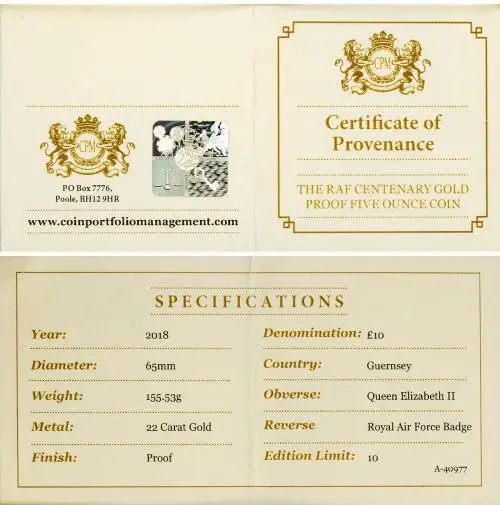 2018 Gold Proof Royal Air Force £10  Coin Presentation Case with Cert Guernsey certificate