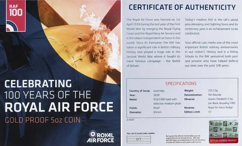 2018 Gold Proof Royal Air Force £10  Coin Presentation Case with Cert Guernsey info