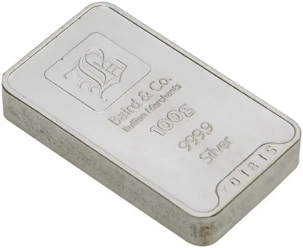 Silver Bullion Ungraded 100 Gram Cast  Bar with Cert Pre-Owned Baird and Co side view