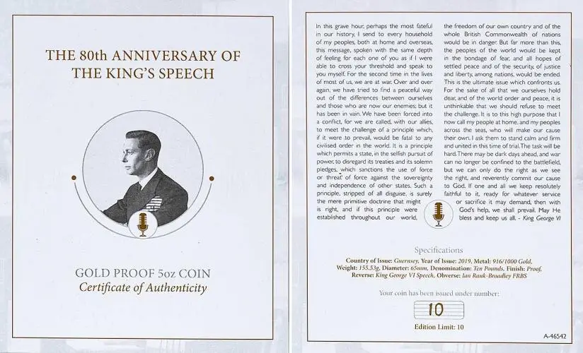 2019 5 Ounce Gold Proof 80th Anniversary of the Kings Speech £10 Coin COA
