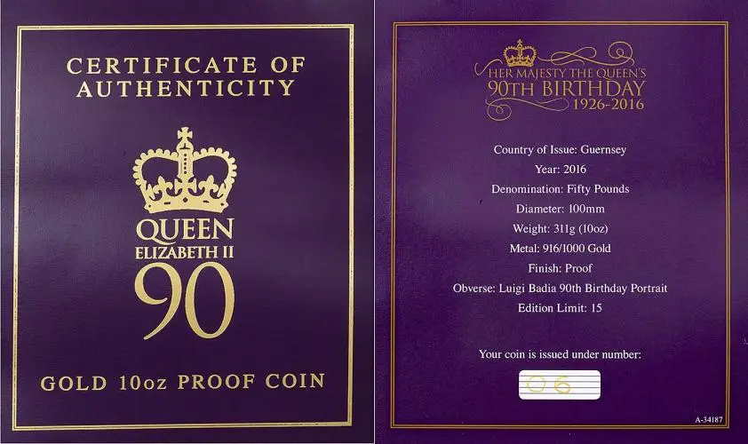 2016 Queen Elizabeth II 90th Birthday Guernsey Gold Proof £50 Coin certificate
