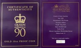 2016 Queen Elizabeth II 90th Birthday Guernsey Gold Proof £50 Coin certificate