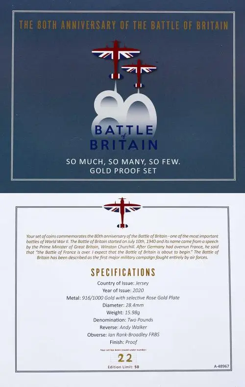 2020 80th Anniversary of the Battle of Britain Gold Proof £2 Coin Set - Jersey COA