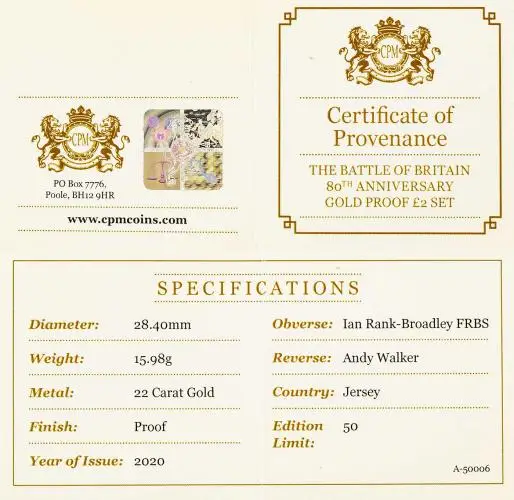 2020 80th Anniversary of the Battle of Britain Gold Proof £2 Coin Set - Jersey with cert