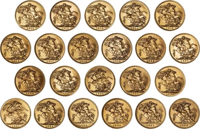 Gold Sovereign George V Royal Sovereign Collection Pound Sterling  Coin Sets United Kingdom 22 Coins reverse designs