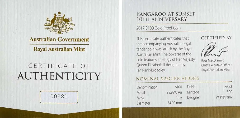2017 Kangaroo at Sunset 10th Anniversary Gold Proof $100 Coin with cert