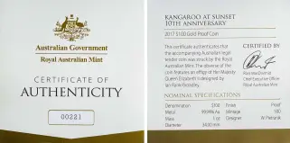 2017 Kangaroo at Sunset 10th Anniversary Gold Proof $100 Coin with cert