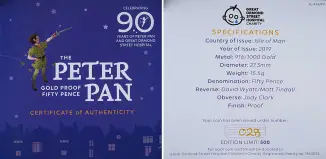 2019 Gold Proof Peter Pan 50 Pence Coin - Isle of Man certificate