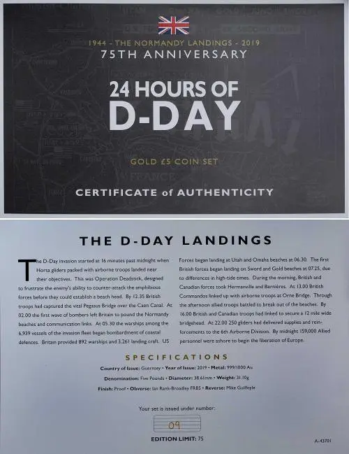 2019 The D-Day Landings Gold Proof Elizabeth II £5  Coin With Box with Cert Guernsey Unknown 3 Coins leaflet