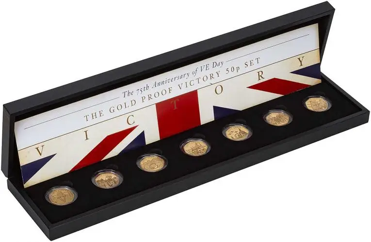 2020 Gold Proof 75th Anniversary VE Day 50 Pence 7-Coin Set box side view