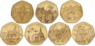 2020 Gold Proof 75th Anniversary VE Day 50 Pence 7-Coin Set reverse designs