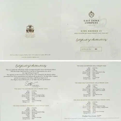 2020 George III Gold Proof Sovereign 5-Coin Set certificate and specifications
