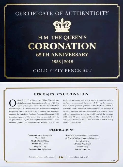 2018 Gold Proof Elizabeth II 65th Anniversary of the Coronation Pound Sterling 50 Pence  Coin Sets Isle of Man 5 Coins cert