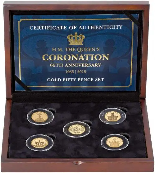 2018 Gold Proof Elizabeth II 65th Anniversary of the Coronation Pound Sterling 50 Pence  Coin Sets Isle of Man 5 Coins in bix