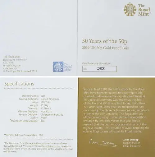 2019 Gold Proof Elizabeth II 50 Years of the 50p Pound Sterling 50 Pence  Coin With Box with Cert United Kingdom The Royal Mint cert