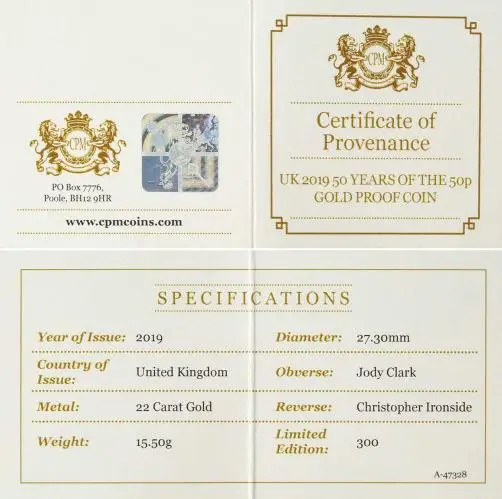 2019 Gold Proof Elizabeth II 50 Years of the 50p Pound Sterling 50 Pence  Coin With Box with Cert United Kingdom The Royal Mint provenance