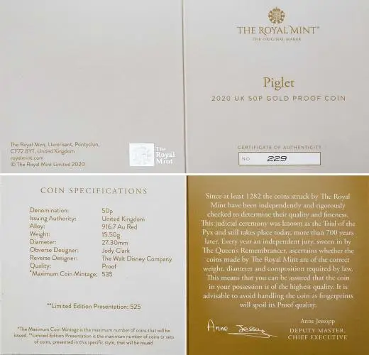 2020 Gold Proof Winnie The Pooh and Friends Piglet Pound Sterling 50 Pence  Coin United Kingdom The Royal Mint cert and specs