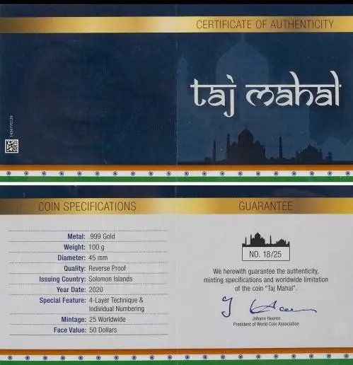 2020 18/25 Gold Proof 100 Gram Taj Mahal $50  Coin Single with Cert Solomon Islands cert and specs