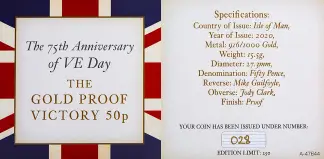 2020 V Gold Proof 75th Anniversary of VE Day 50 Pence Coin with cert