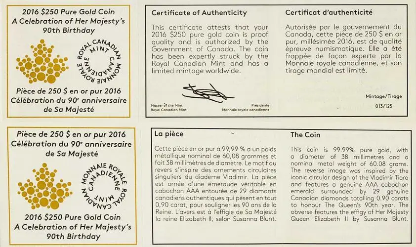 2016 Gold Proof Celebration of Her Majesty's 90th Birthday Coin Canada  with cert