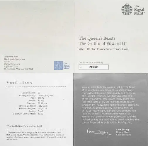 2021 1 oz Silver Proof Coin Queen's Beasts - Griffin of Edward III cert specs and info