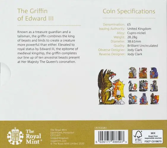 2021 £5 BU Queen's Beasts - Griffin of Edward III Coin specs and info