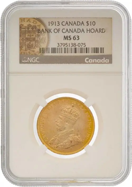 1913 Gold Graded George V Bank of Canada Hoard Gold  $10  Coin Slabbed with Cert Canada NGC MS-63 obverse