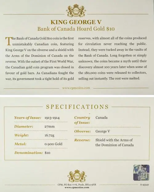 1913 Gold Graded George V Bank of Canada Hoard Gold  $10  Coin Slabbed with Cert Canada NGC MS-63 with cert and specifications