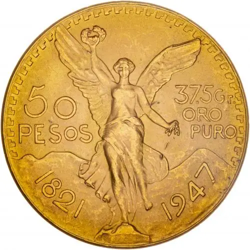 1947 Gold Mexico 50 Pesos Bullion Coin obverse chards image