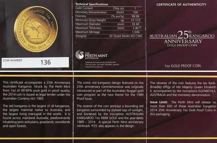2014 Gold Proof 1 oz Kangaroo Coin Perth Mint - 25th Anniversary  with cert