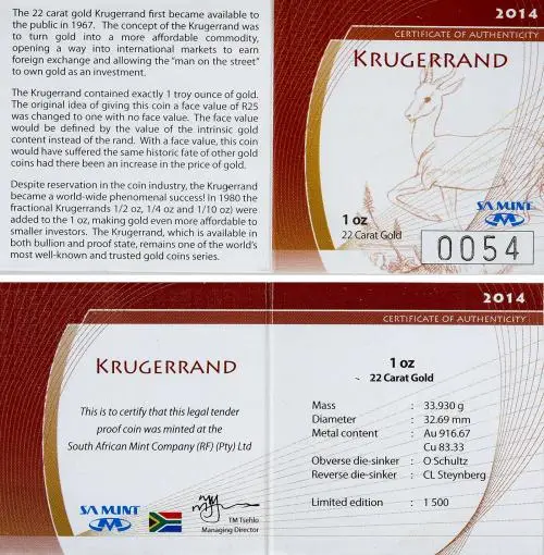 2014 1 oz Gold Proof Krugerrand Coin with cert