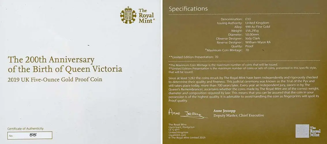 2019 Gold Proof 5 oz Coin 200th Anniversary of the Birth of Queen Victoria with cert