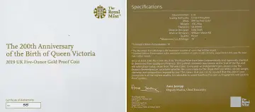 2019 Gold Proof 5 oz Coin 200th Anniversary of the Birth of Queen Victoria with cert