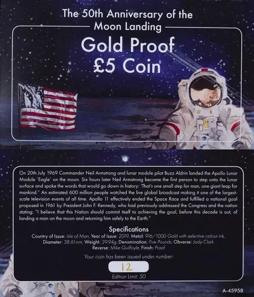 2019 Gold Proof 50th Anniversary of the Moon Landing £5 Coin - Isle of Man certificate