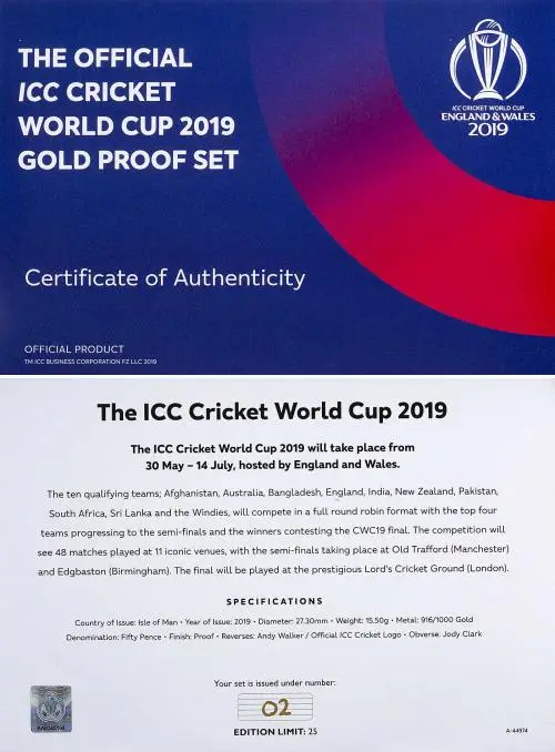 2019 Gold Proof ICC Cricket World Cup 50 Pence 5 Coin Set - Isle of Man with cert
