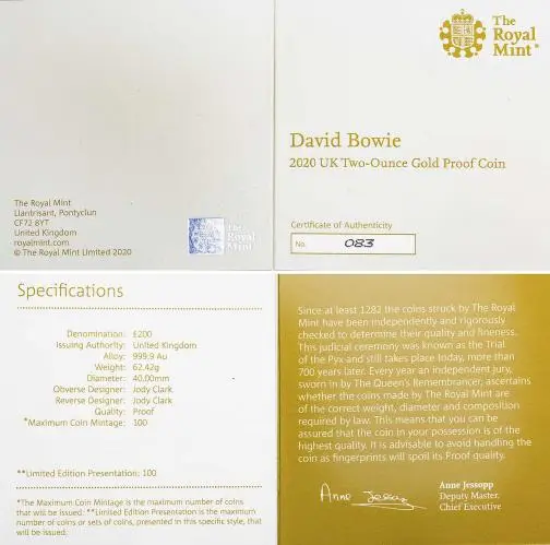 2020 Gold Proof 2 Ounce British Decimal Elizabeth II David Bowie Pound Sterling  Coin Single United Kingdom  Certificate