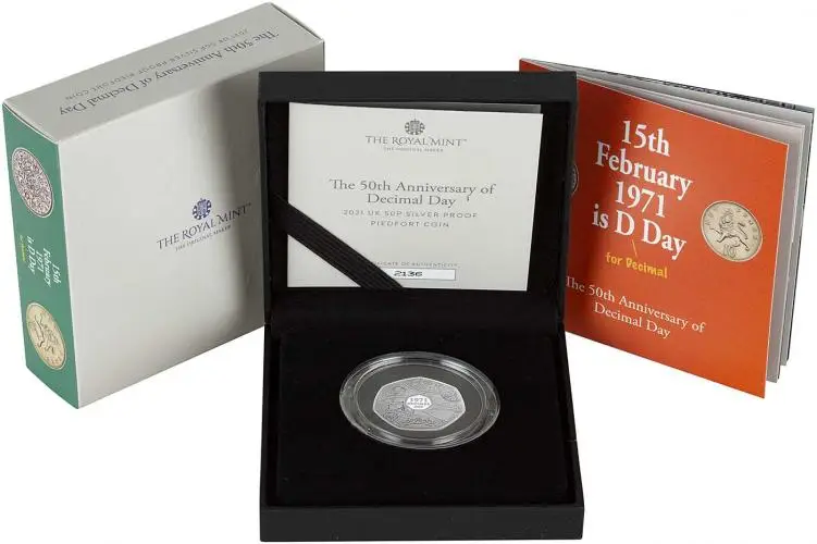 2021 50th Anniversary of Decimal Day Silver Proof Piedfort 50p Coin in box