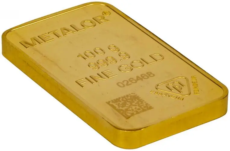 100g Gold Bar Metalor Wafer - Pre-Owned obverse side view